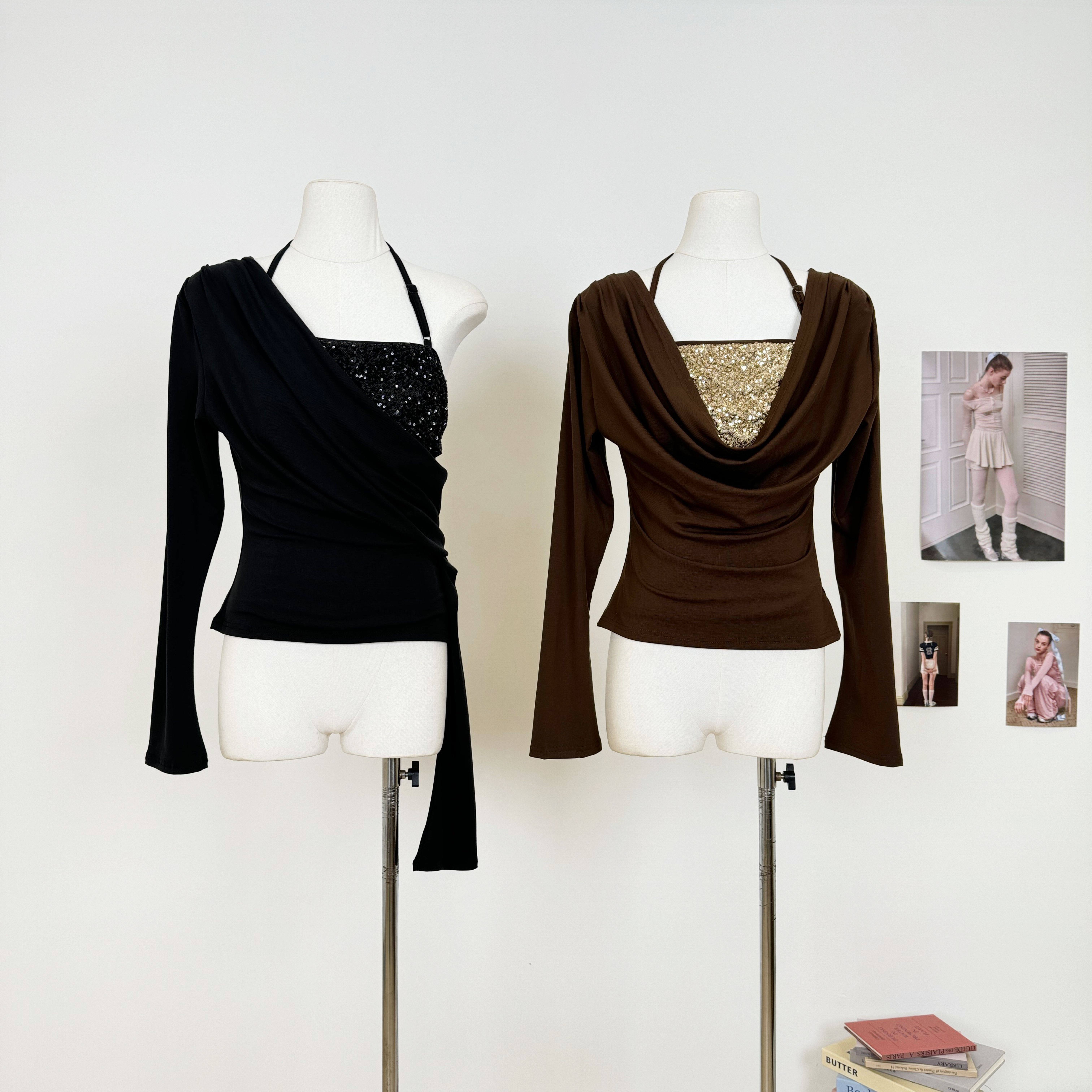 “霓幻”两件套针织亮片挂脖背心荡领长袖打底衫上衣