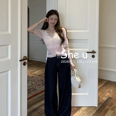 SHE U-单品韩系简约复古深蓝色水洗宽松显瘦直筒拖地牛仔裤Y20024