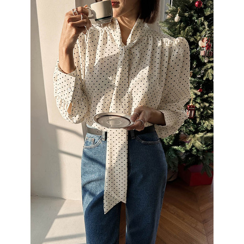 时尚淑女 韩国东大门长袖衬衫 百搭宽松波点雪纺飘带韩版衬衣