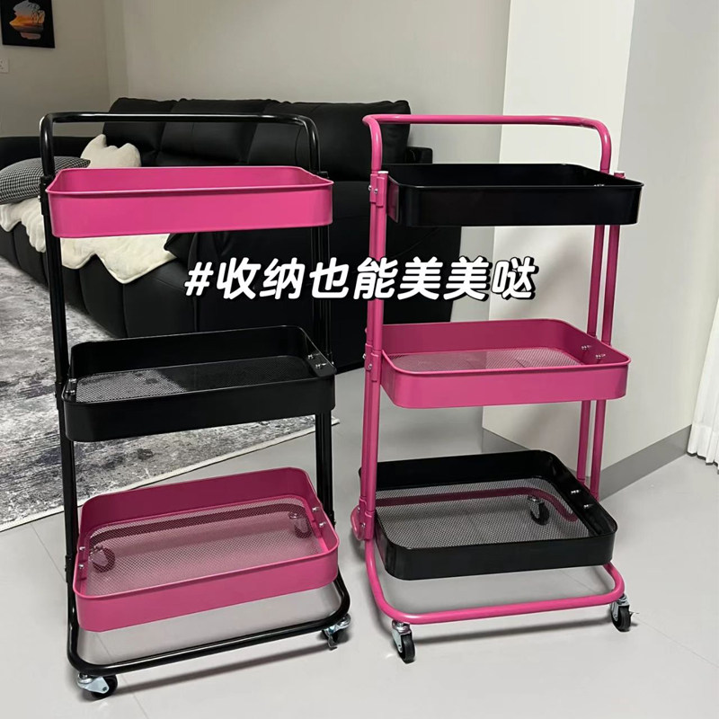 高级感黑草莓熊粉色系撞色小推车置物架客厅收纳架落地多层储物架