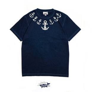 IndigoWhale anchor 植物蓝染手工拔染重磅T恤船锚图案Navajo