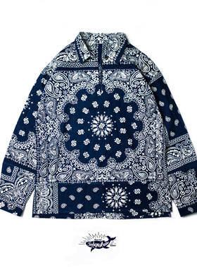 IndigoWhale 蓝染手工拔染腰果花竹节拼接套头衬衫bandana Tunic