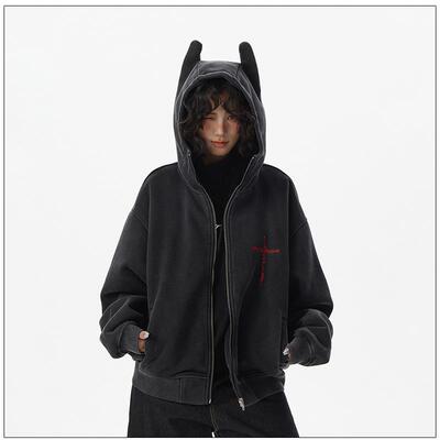 达蒙岛秋冬新款小众设计水洗做旧小恶魔连帽卫衣女拉链开衫外套潮