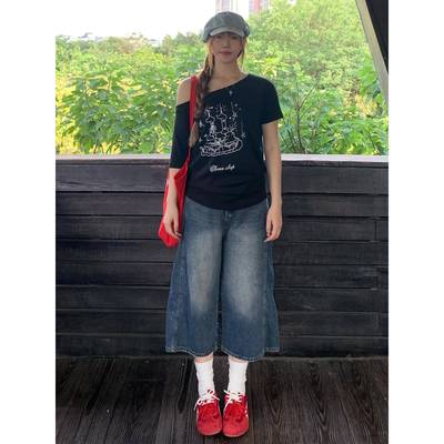 美式复古深迪蓝阔腿七分牛仔裤女夏季高腰宽松小个子直筒水洗中裤