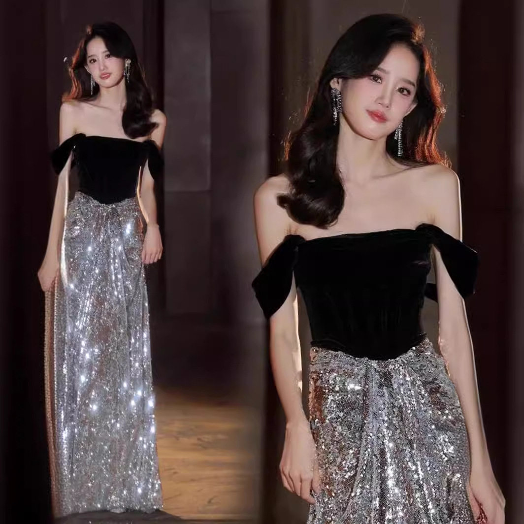 黑色晚礼服丝绒新娘敬酒服2026新款宴会演出主持人星光婚纱晚礼服图片