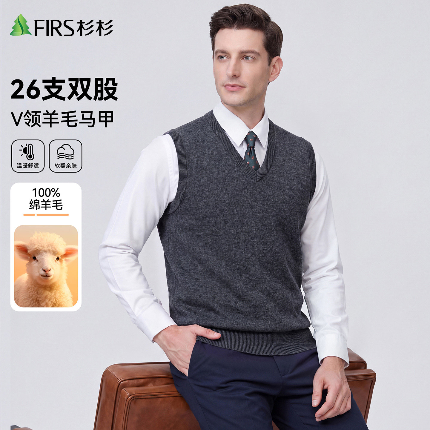 【100%纯羊毛】杉杉男装背心毛衣男士2026冬季新款V领纯色羊毛衫
