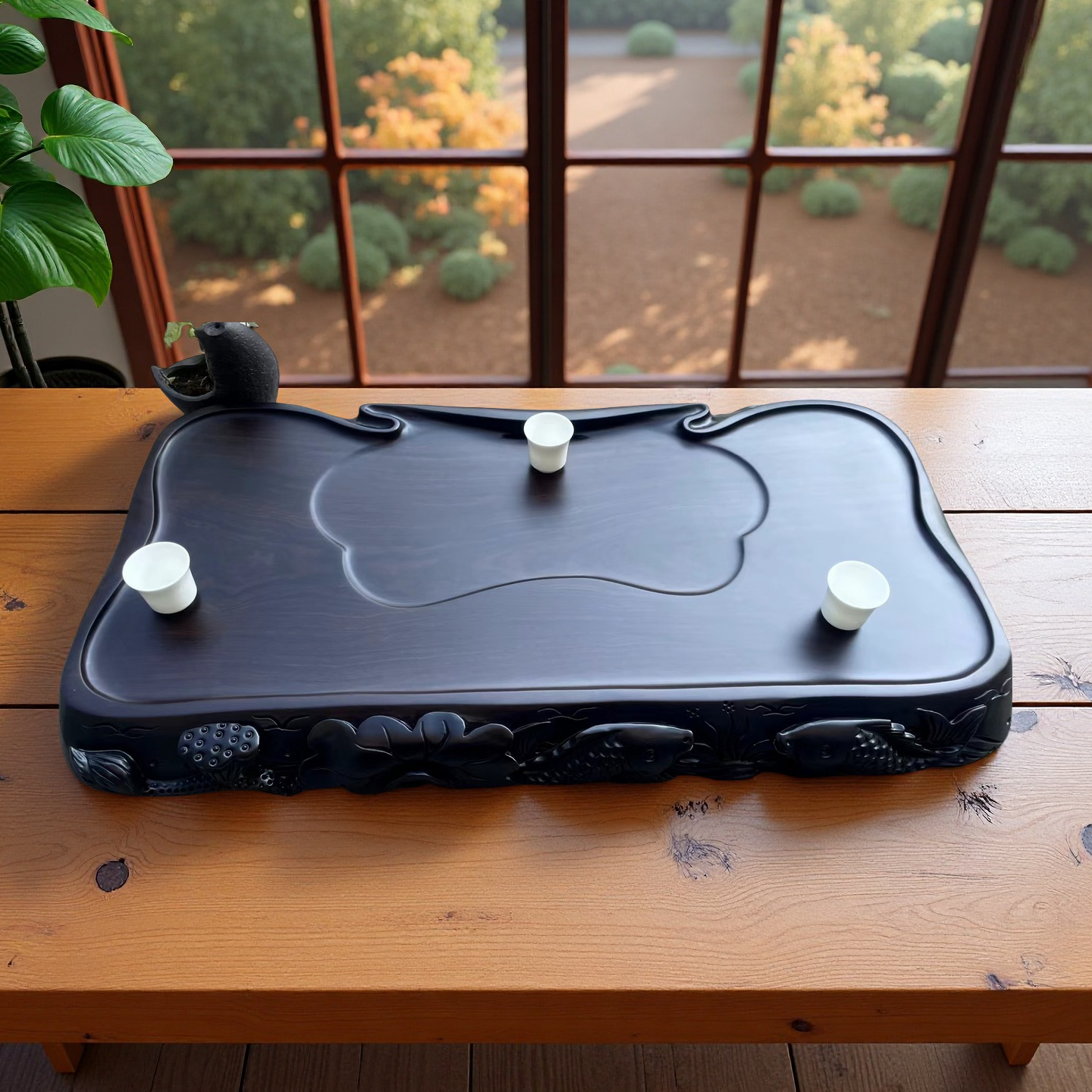 黑檀木茶盘整块实木功夫茶具大号长方形家用茶台排水茶海手工雕刻