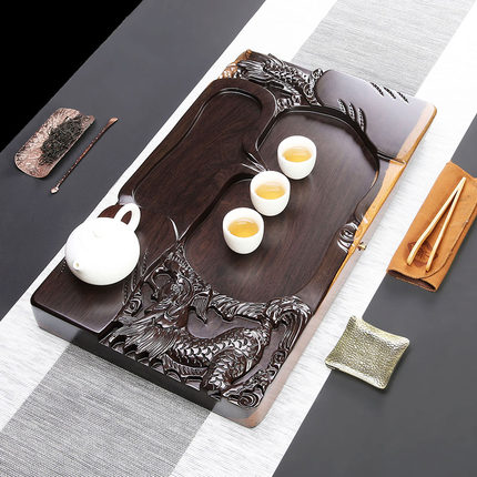 黑檀木茶盘整块实木功夫茶具茶海特大加厚精雕家用茶台排水祥龙