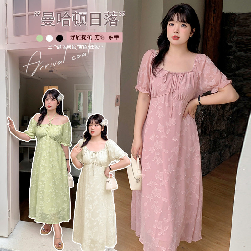 胖mm浪漫方领浮雕提花连衣裙女夏季新款高腰遮肉中长裙250404