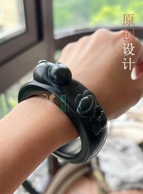 猫叔玉镯雕刻福猫手镯青籽蓝籽