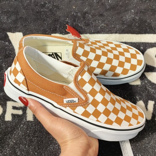 Vans范斯官方 Slip-On橙白棋盘格一脚蹬帆布鞋 VN0A5AO8BKQ