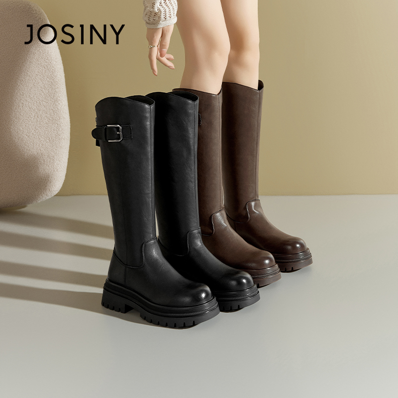 卓诗尼厚底长筒靴V口粗跟骑士靴