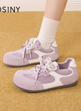 卓诗尼复古拼色德训鞋女2026新款春季紫色系带软底休闲鞋舒适女鞋