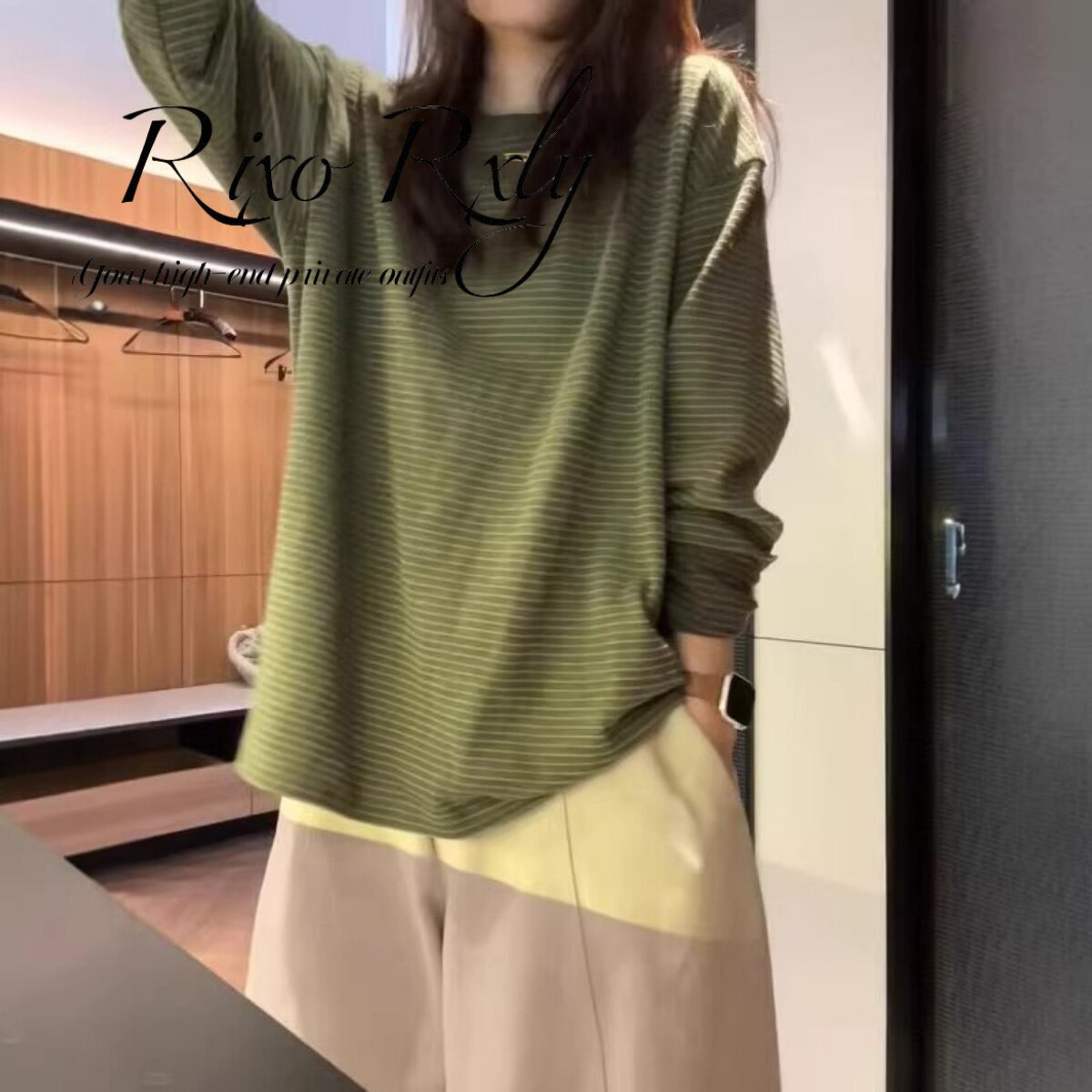 RIXO RXLY套头圆领条纹长袖T恤女款春秋季亲肤透气宽松打底衫上衣