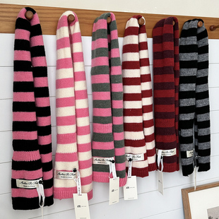 韩版学院风撞色条纹细窄长条针织围巾女秋冬新款休闲百搭护颈围脖