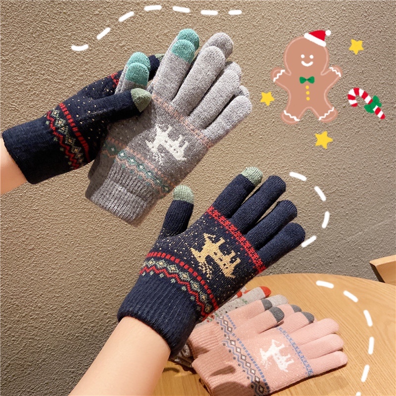 触屏手套女冬季可爱韩版学生情侣款加厚保暖圣诞麋鹿雪花毛线针织