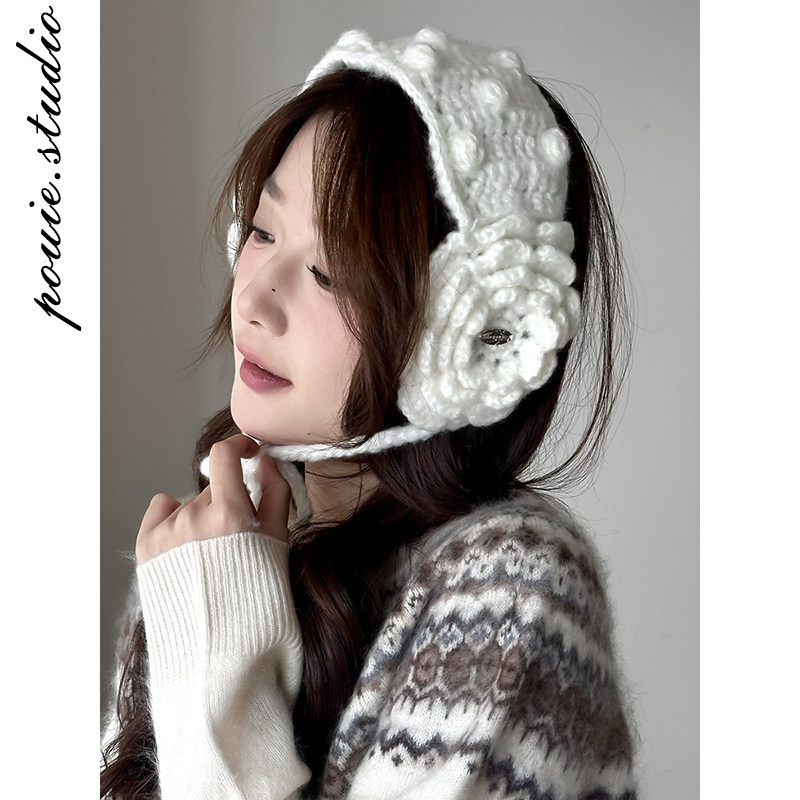 法式手工立体花朵毛线耳罩女冬季户外骑电动车保暖防寒耳捂子耳包