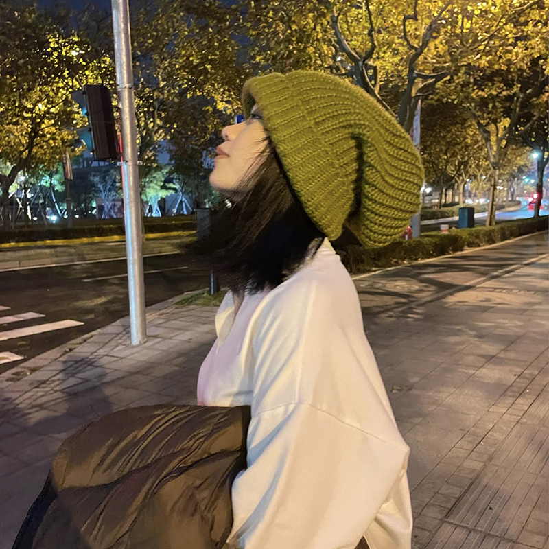 巨大的毛线帽子显脸小草绿针织帽