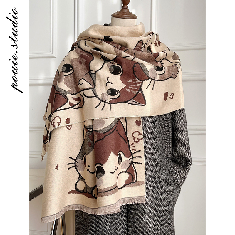 女双面可爱猫咪围巾加厚保暖防寒
