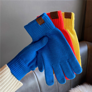 秋冬季 男女克莱因蓝毛线手套针织加厚可触屏骑行防寒学生保暖纯色