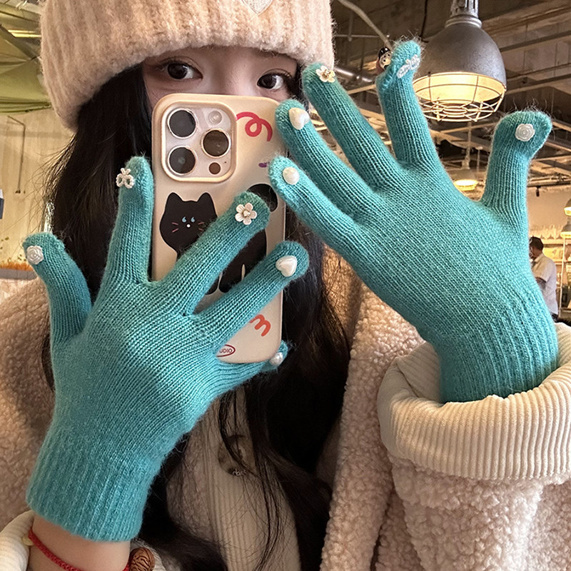 女士玫瑰爱心手套保暖露指可触屏