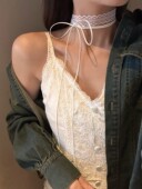 春夏百搭叠戴层次感设计白色蕾丝飘带细窄女装 饰锁骨颈带丝巾项链