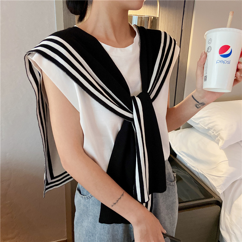 网红黑白条纹打结针织春秋小披肩