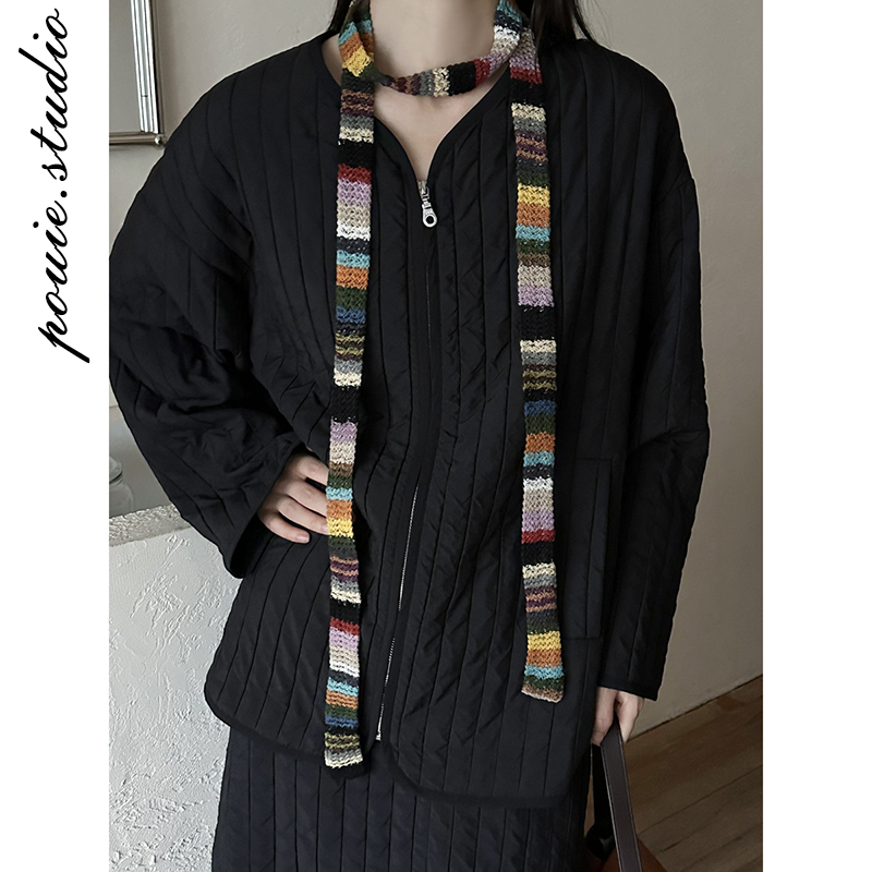 2025秋冬新款日系原宿风彩色条纹针织细窄围巾女小众百搭装饰围脖