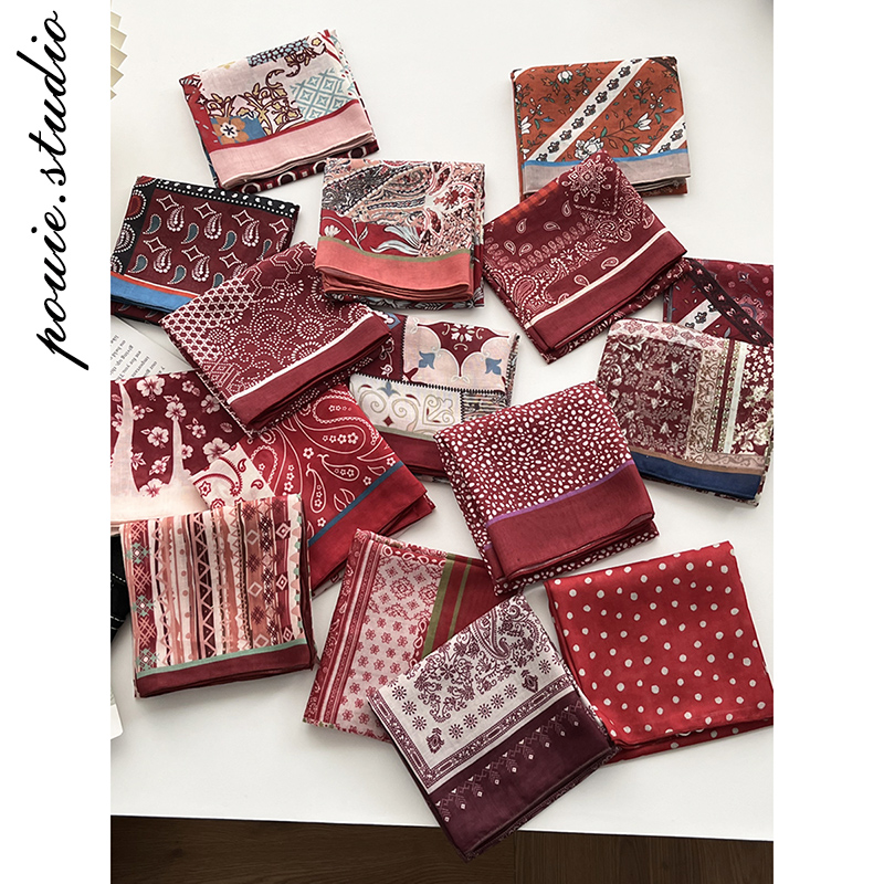 2025春夏新款文艺红色腰果印花小方巾女轻薄透气百搭领巾发带丝巾