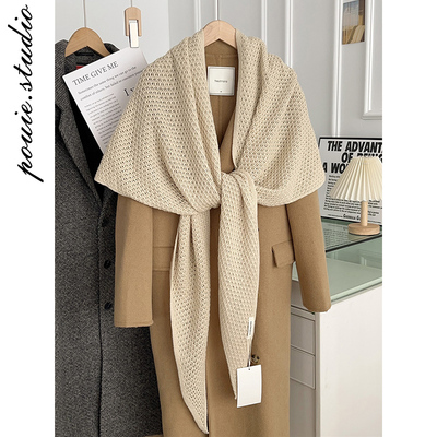 文艺百搭纯色镂空保暖三角巾披肩