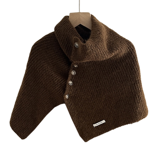 含羊毛针织套头披肩女冬季2025新款百搭加厚保暖脖套学生纽扣围脖