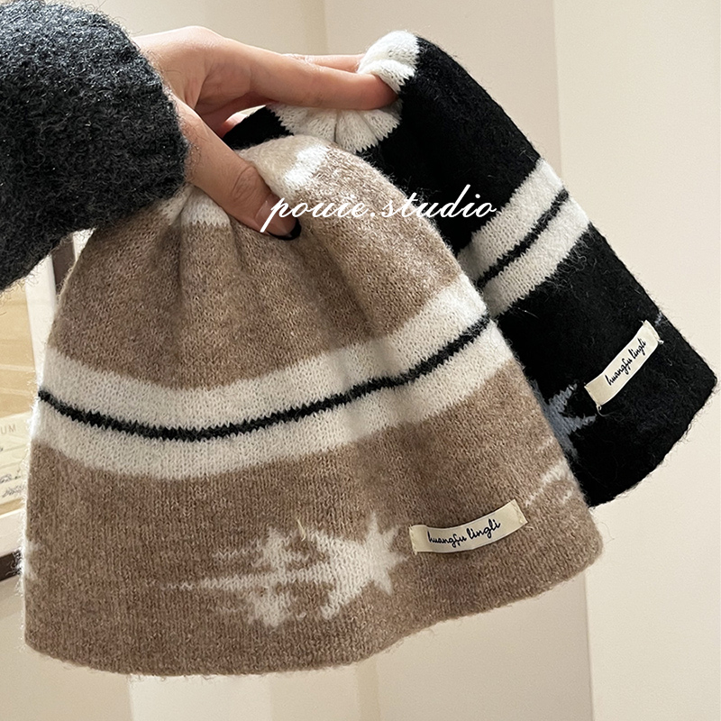 卡其色星星条纹针织帽子套头冷帽