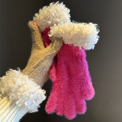 女士毛绒手套加厚保暖露指可触屏