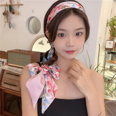 饰领巾绑包丝带春秋细窄长条飘带 复古油画丝巾花朵发带装 夏季 法式