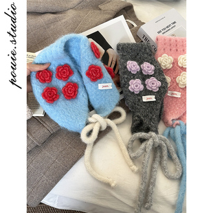 韩版ins撞色立体小花针织系带耳罩女冬季百搭保暖护颈围脖耳捂子