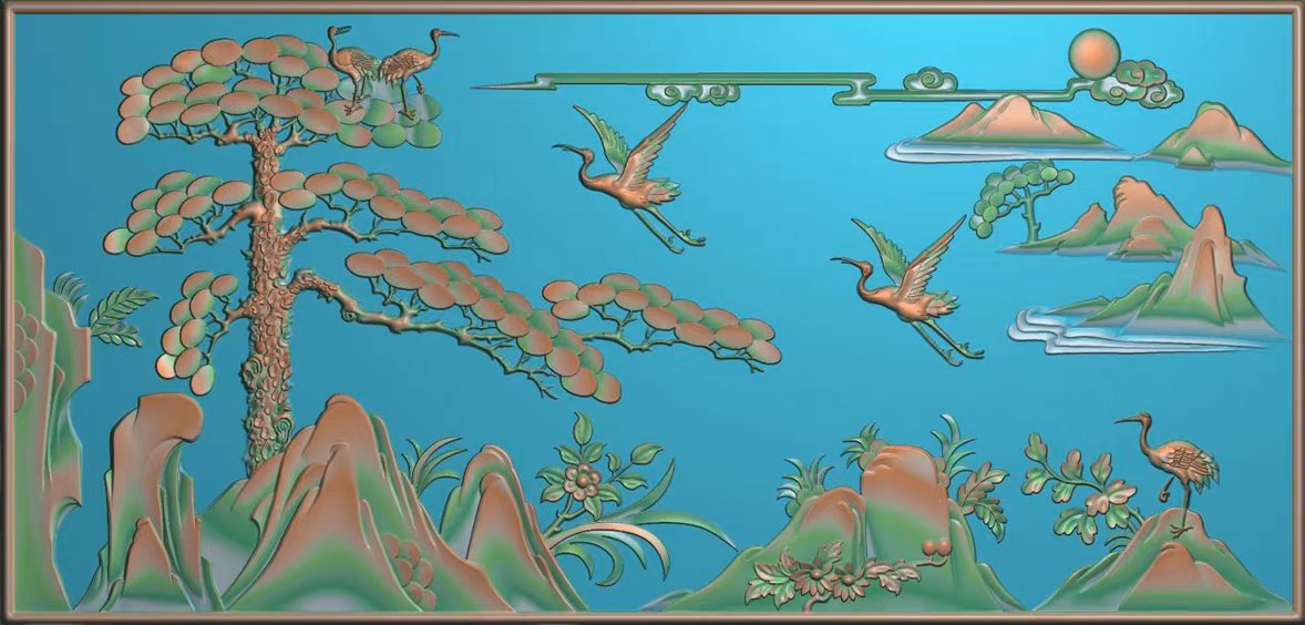 精雕图简易松鹤图 迎客松屏风2 动物东阳木雕工艺品挂件挂屏屏风