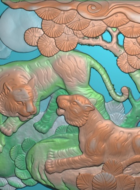 精雕图 老虎VB41A 灰度图东阳木雕工艺品挂件挂屏屏风手工雕刻