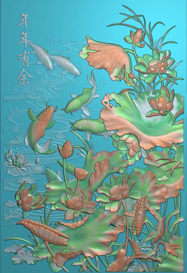 精雕图荷花鱼 连年有鱼400 动物东阳木雕工艺品挂屏手工雕刻扫描