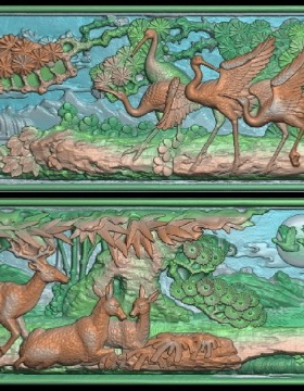 精雕图仿古石雕古建 仙鹤鹿HI8OU 动物吉祥寓意灰度图东阳木雕