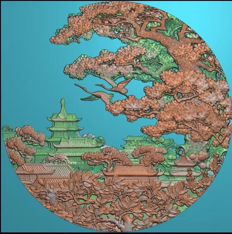 精雕图 春满江山圆松树盘 玄关镂空工艺品挂件手工雕刻扫描精雕图