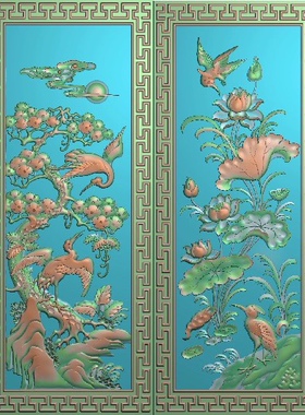 精雕图荷花松鹤 hhsh靠背 动物花鸟莲花东阳木雕工艺品挂件挂屏