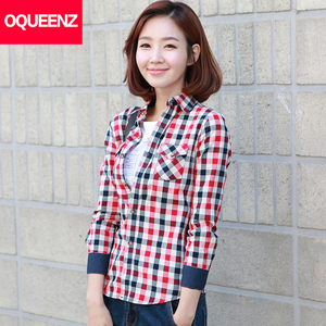韩版小方格修身衬衣女春秋长袖水洗加厚纯棉格子衬衫上衣打底百搭