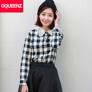 春秋季蕾丝花边娃娃领女士纯棉小方格子衬衫韩版修身长袖衬衣上衣