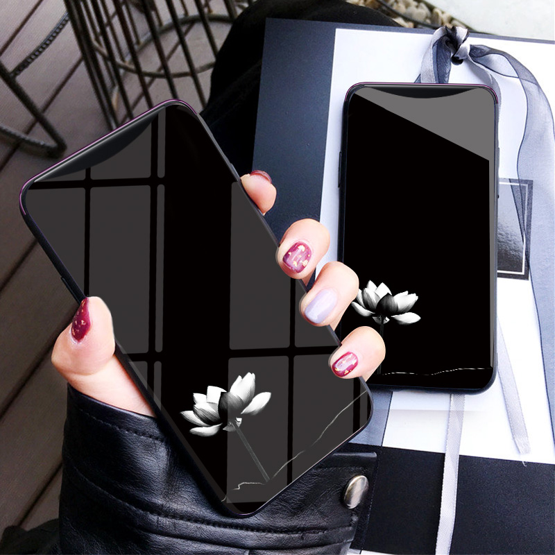 OPPOfindx手机壳玻璃防摔OPPO find X简约复古莲花网红ins时尚