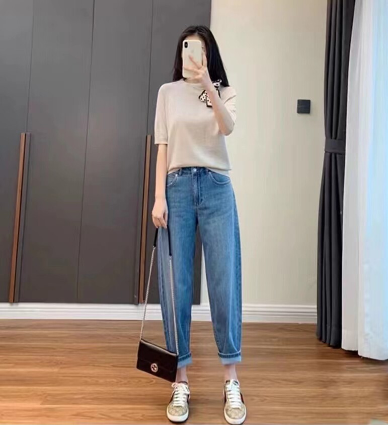 日系哈伦大码胖MM显瘦直筒梨形裤子超弹欧货牛仔小老爹裤弹力K1