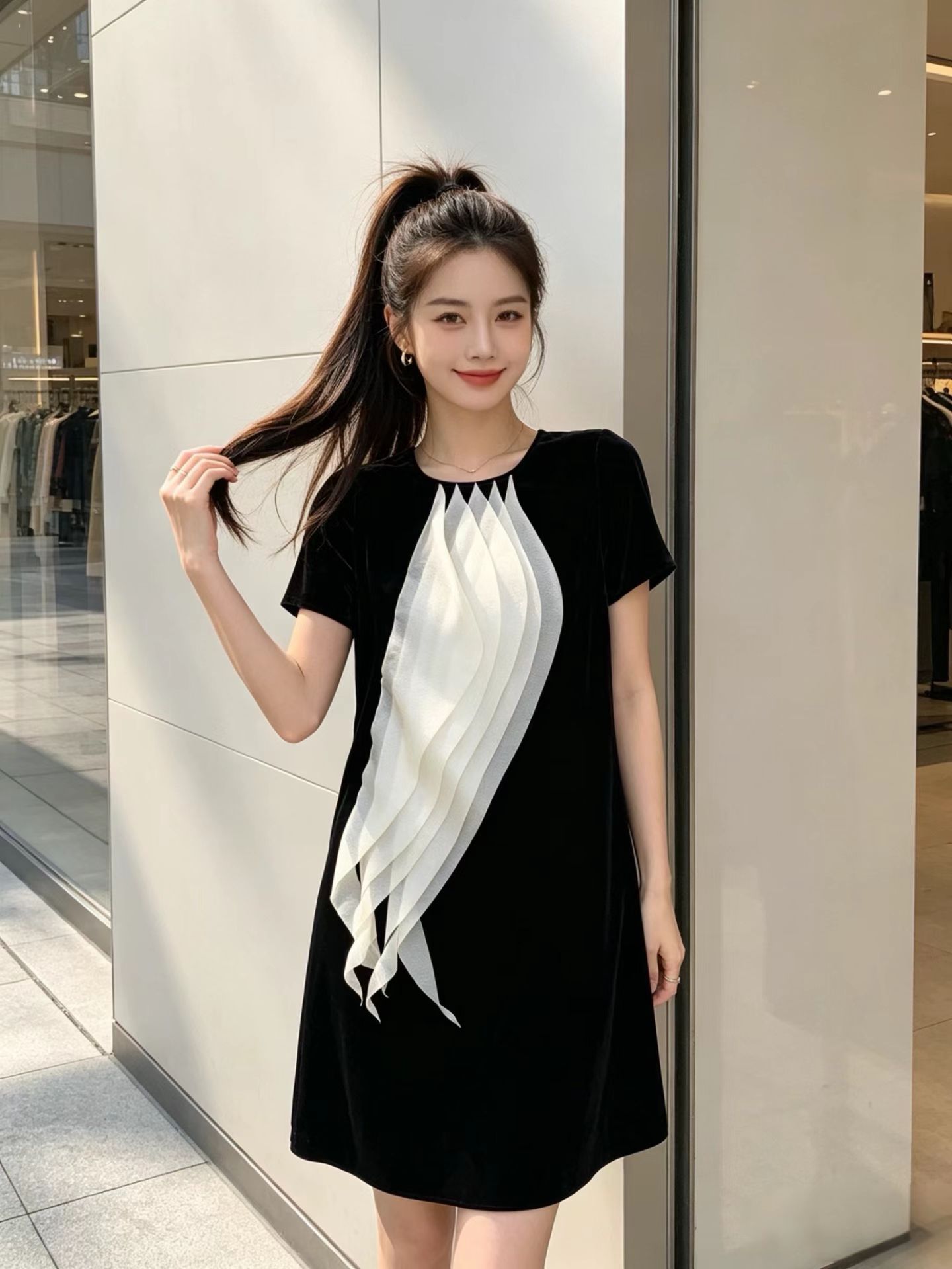 新真丝桑蚕丝圆领落肩款上衣黑色宽松气质舒适优雅真丝绒连衣裙