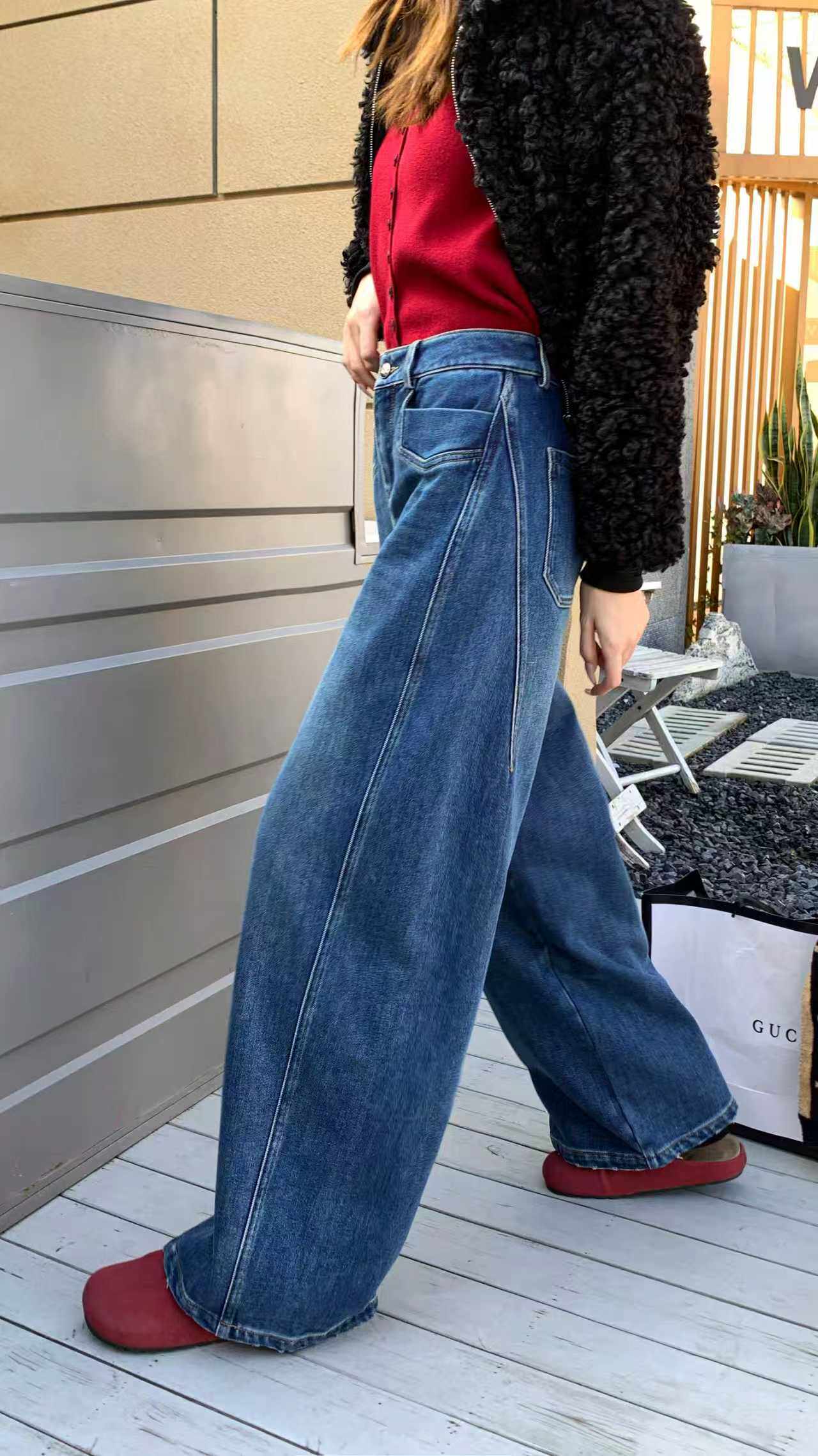 口袋阔腿裤侧缝显瘦显高牛仔裤裤子美式复古弯刀设计女装