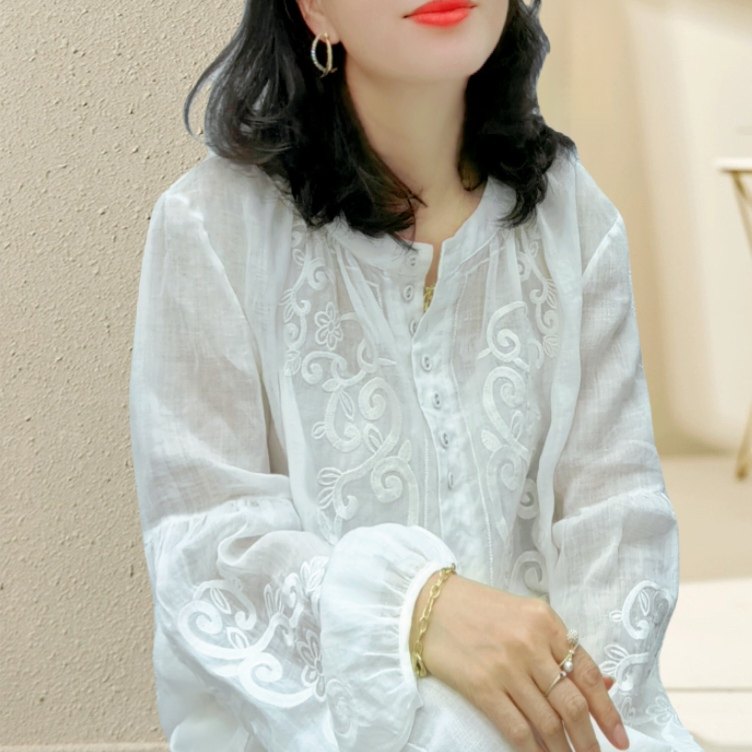绣花苎麻上衣宽松版遮肉文艺夏装灯笼袖薄款防晒女装新款时尚休闲