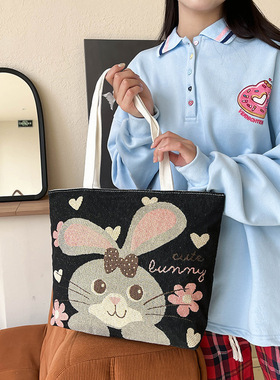 手提包单肩韩版托特包新款女包刺绣手工卡通包大容量学生上课补习
