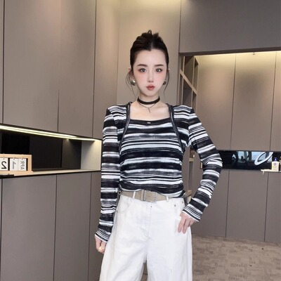 条纹长袖t恤女2025新款秋冬